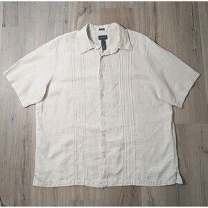 Claiborne Size XXL 100% Linen Guayabera Shirt Beige Short Sleeve Resort EUC